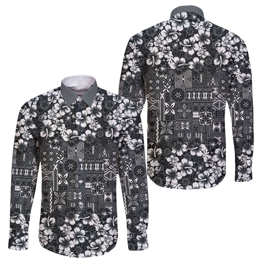 Black Hawaiian Tapa Tribal Hibiscus Family Matching Off Shoulder Short Dress and Hawaiian Shirt