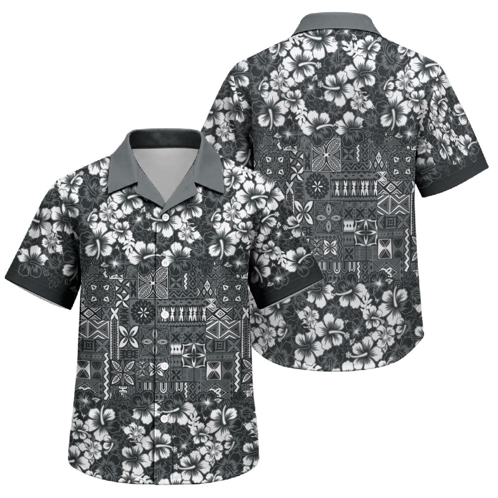 Black Hawaiian Tapa Tribal Hibiscus Family Matching Off Shoulder Short Dress and Hawaiian Shirt