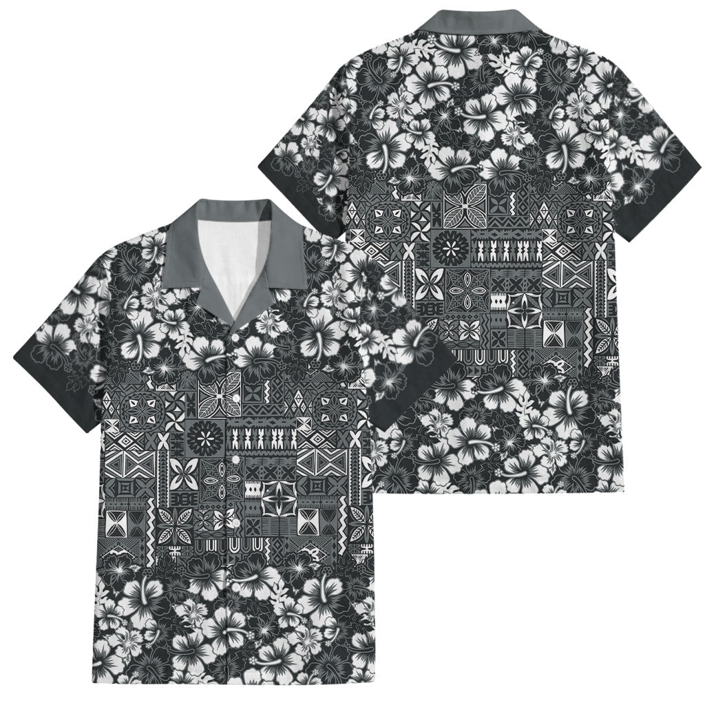 Black Hawaiian Tapa Tribal Hibiscus Family Matching Puletasi and Hawaiian Shirt