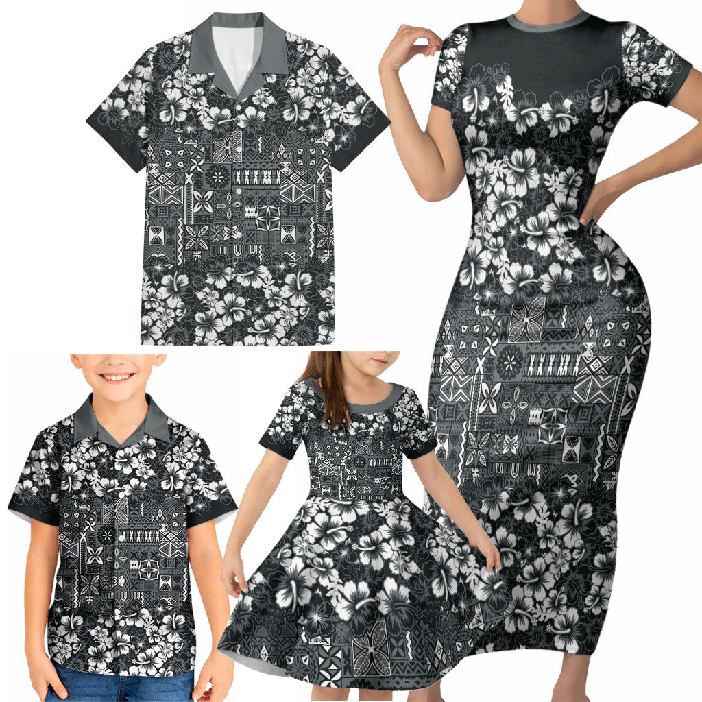 Black Hawaiian Tapa Tribal Hibiscus Family Matching Short Sleeve Bodycon Dress and Hawaiian Shirt LT9 - Polynesian Pride