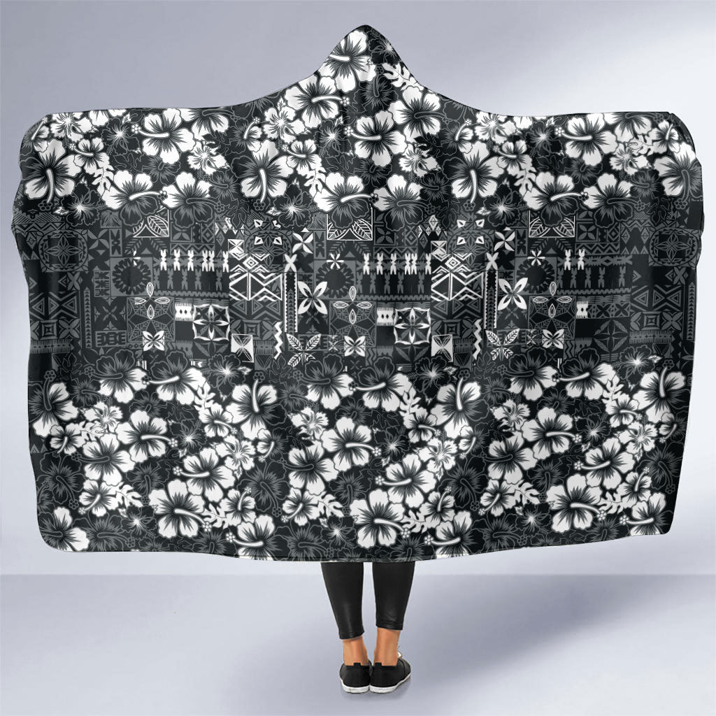 Black Hawaiian Tapa Tribal Hibiscus Hooded Blanket