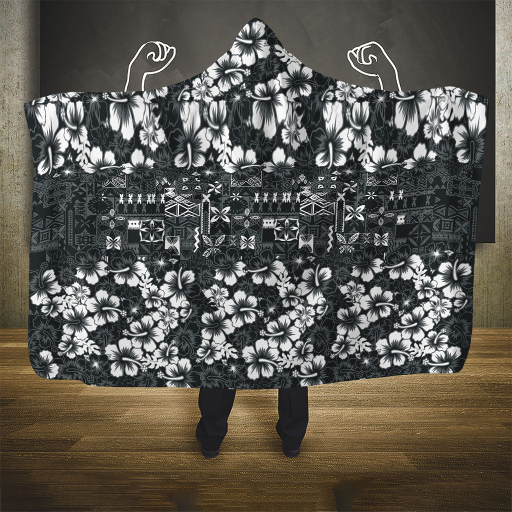 Black Hawaiian Tapa Tribal Hibiscus Hooded Blanket