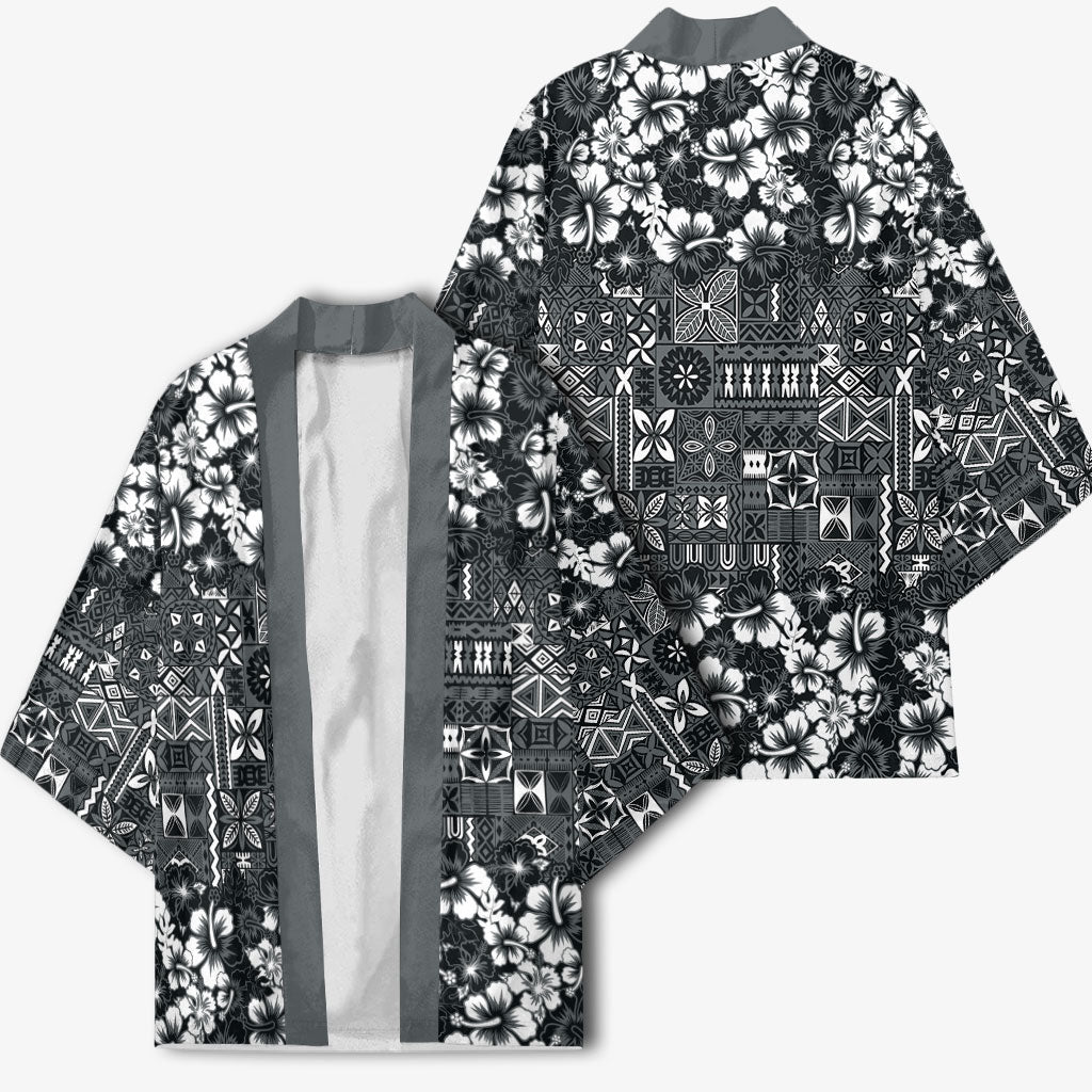 Black Hawaiian Tapa Tribal Hibiscus Kimono