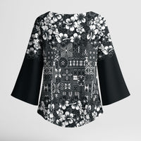 Black Hawaiian Tapa Tribal Hibiscus Kimono Sleeve Blouse