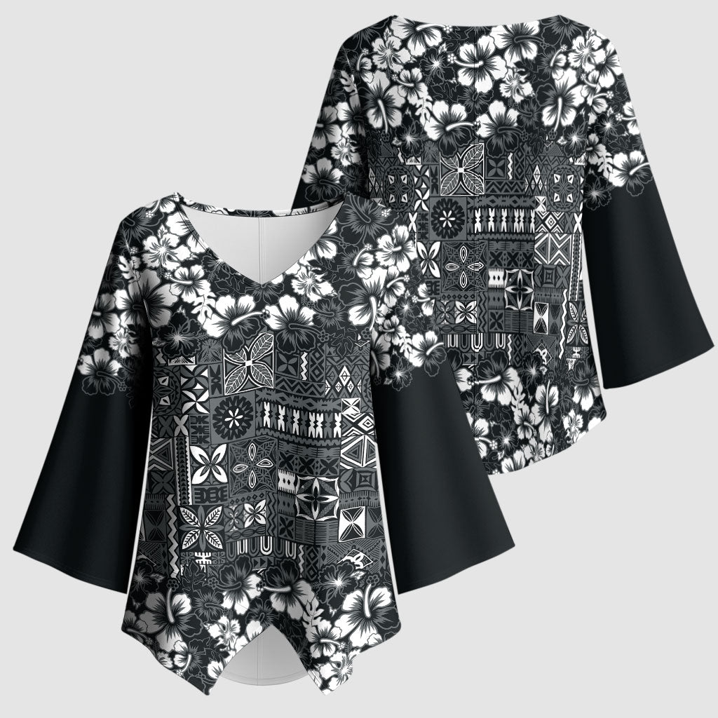 Black Hawaiian Tapa Tribal Hibiscus Kimono Sleeve Blouse
