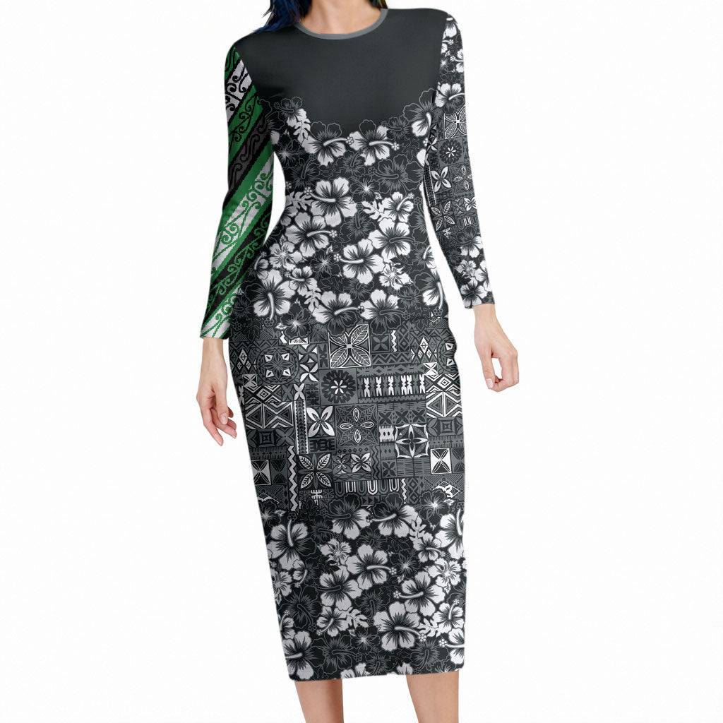 Black Hawaiian Tapa Tribal Hibiscus Long Sleeve Bodycon Dress
