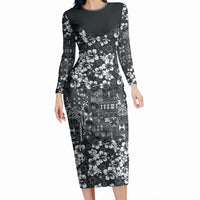 Black Hawaiian Tapa Tribal Hibiscus Long Sleeve Bodycon Dress LT9 Long Dress Black - Polynesian Pride