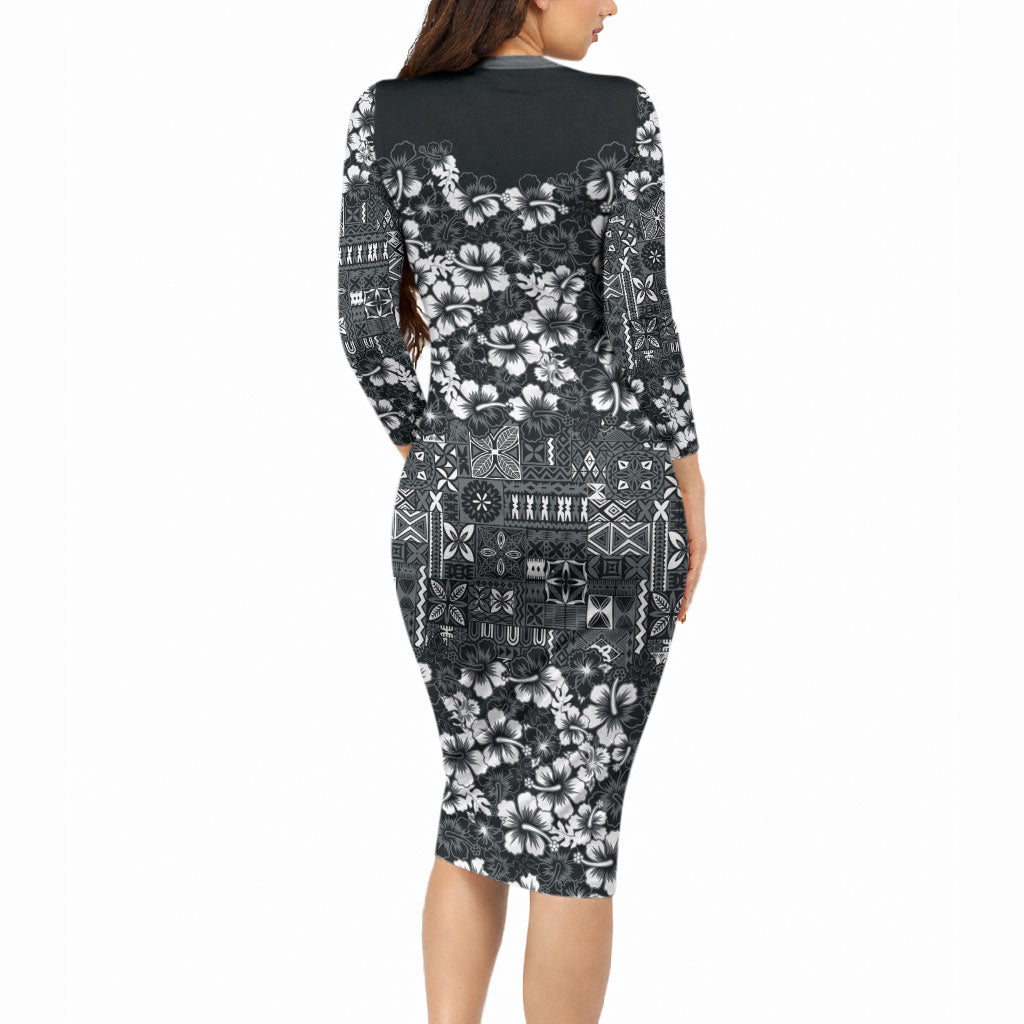 Black Hawaiian Tapa Tribal Hibiscus Long Sleeve Bodycon Dress LT9 - Polynesian Pride