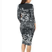 Black Hawaiian Tapa Tribal Hibiscus Long Sleeve Bodycon Dress LT9 - Polynesian Pride