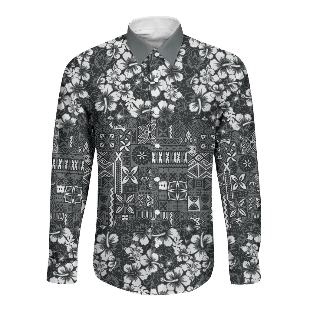 Black Hawaiian Tapa Tribal Hibiscus Long Sleeve Button Shirt