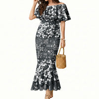 Black Hawaiian Tapa Tribal Hibiscus Mermaid Dress