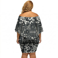 Black Hawaiian Tapa Tribal Hibiscus Off Shoulder Short Dress