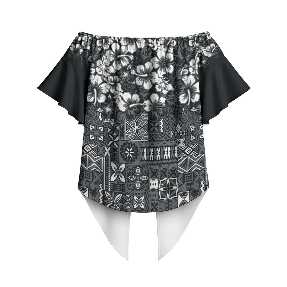 Black Hawaiian Tapa Tribal Hibiscus Off Shoulder Wrap Waist Top LT9 - Polynesian Pride
