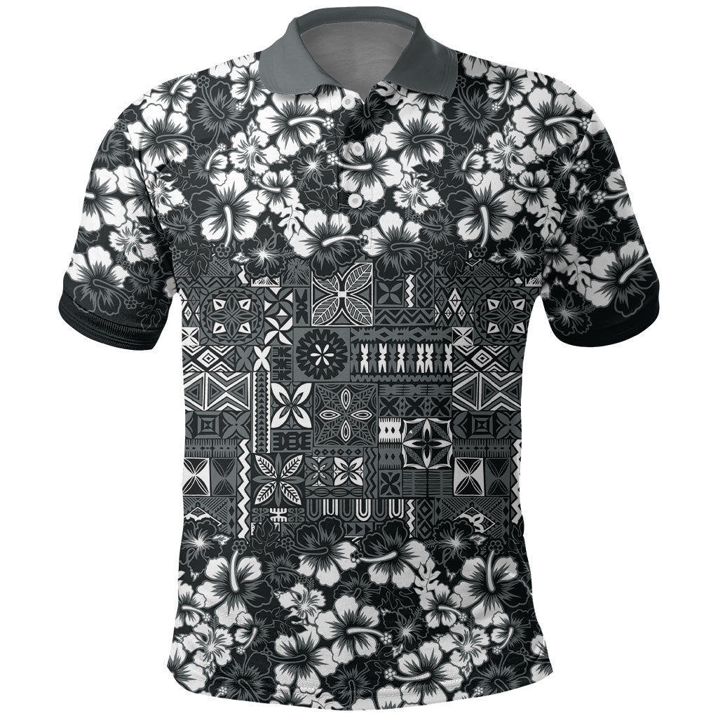 Black Hawaiian Tapa Tribal Hibiscus Polo Shirt
