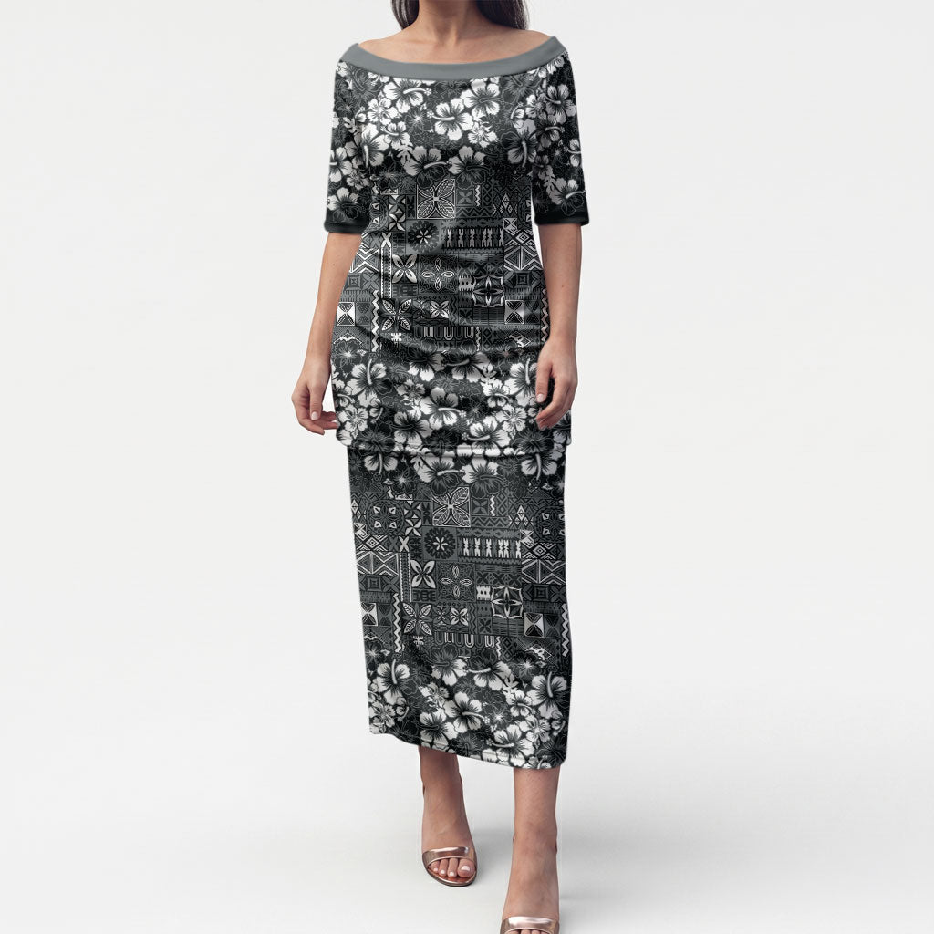 Black Hawaiian Tapa Tribal Hibiscus Puletasi LT9 Long Dress Black - Polynesian Pride