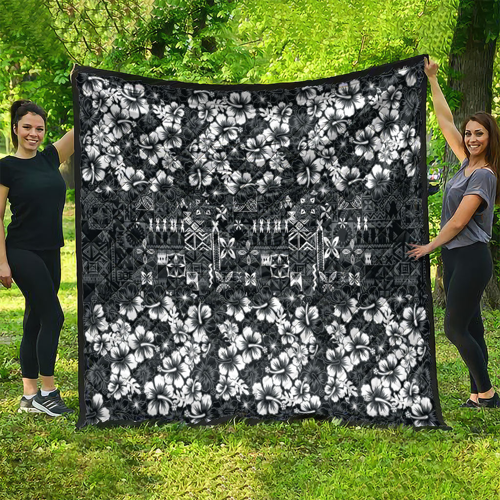Black Hawaiian Tapa Tribal Hibiscus Quilt