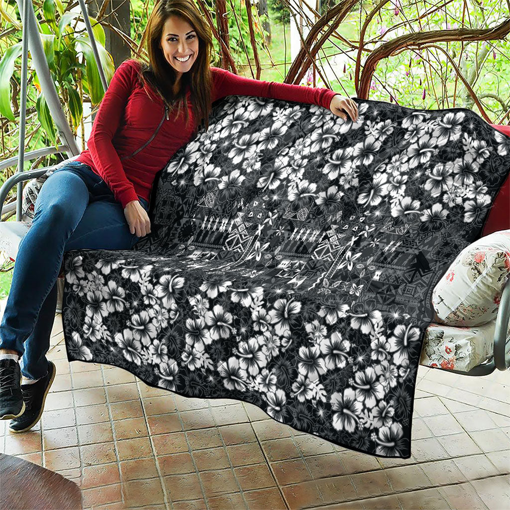 Black Hawaiian Tapa Tribal Hibiscus Quilt