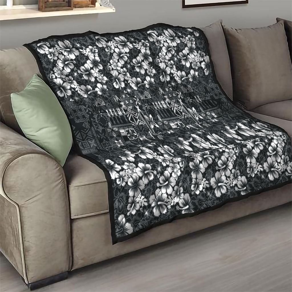 Black Hawaiian Tapa Tribal Hibiscus Quilt