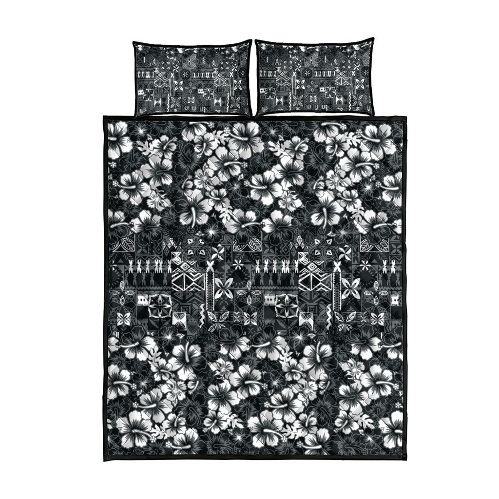 Black Hawaiian Tapa Tribal Hibiscus Quilt Bed Set