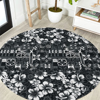 Black Hawaiian Tapa Tribal Hibiscus Round Carpet