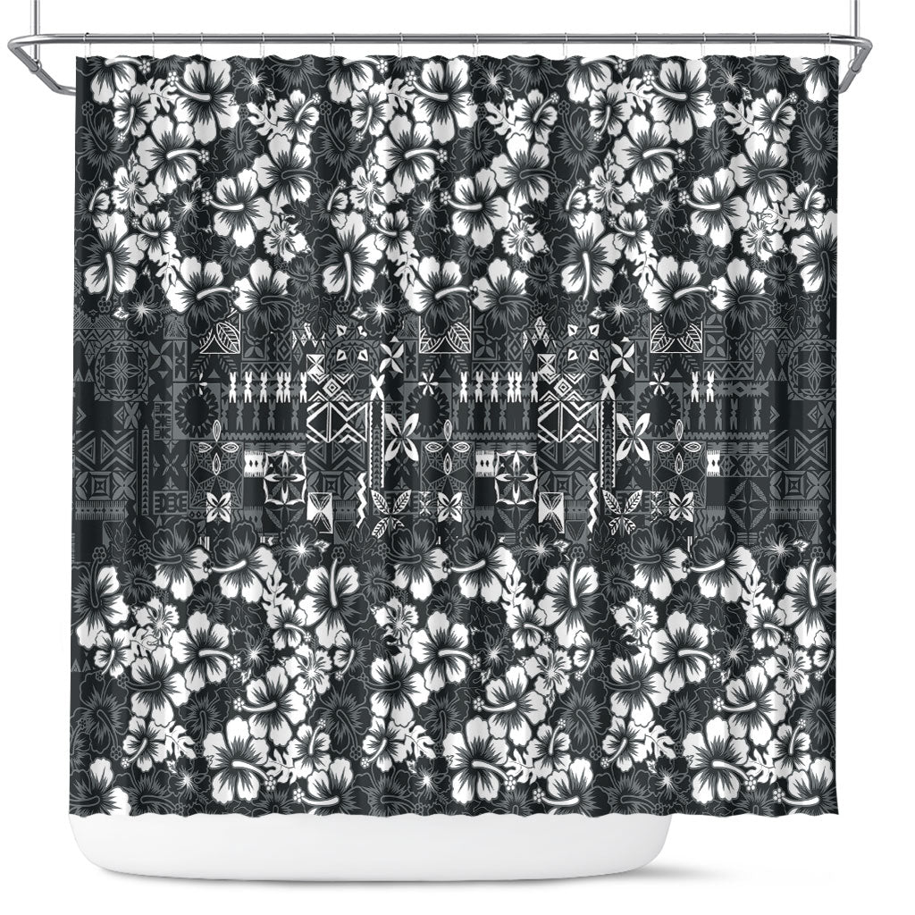 Black Hawaiian Tapa Tribal Hibiscus Shower Curtain