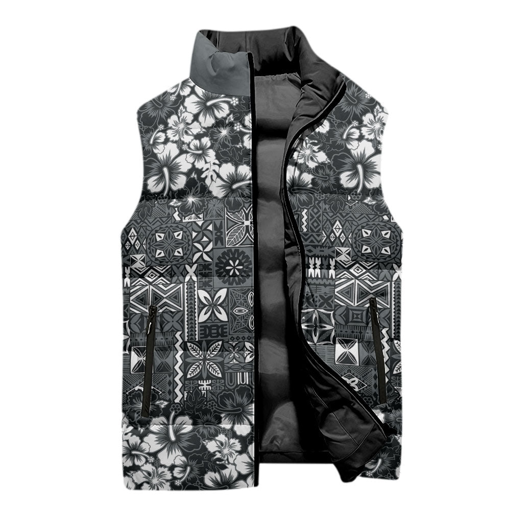 Black Hawaiian Tapa Tribal Hibiscus Sleeveless Puffer Jacket