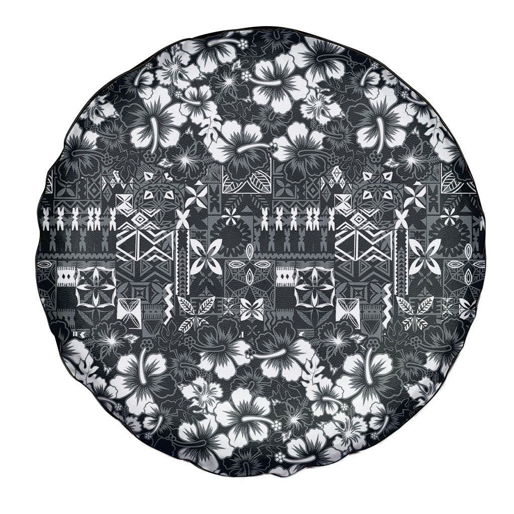Black Hawaiian Tapa Tribal Hibiscus Spare Tire Cover