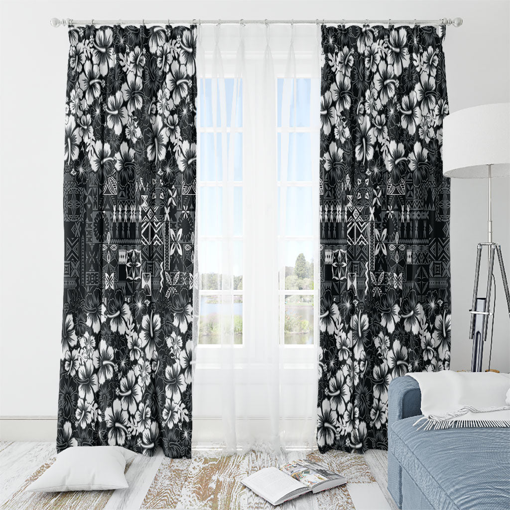 Black Hawaiian Tapa Tribal Hibiscus Window Curtain