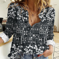 Black Hawaiian Tapa Tribal Hibiscus Women Casual Shirt