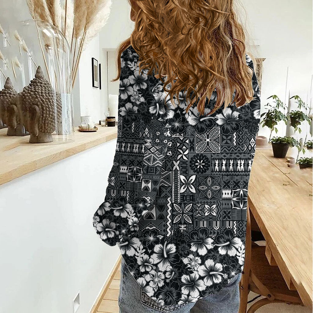 Black Hawaiian Tapa Tribal Hibiscus Women Casual Shirt