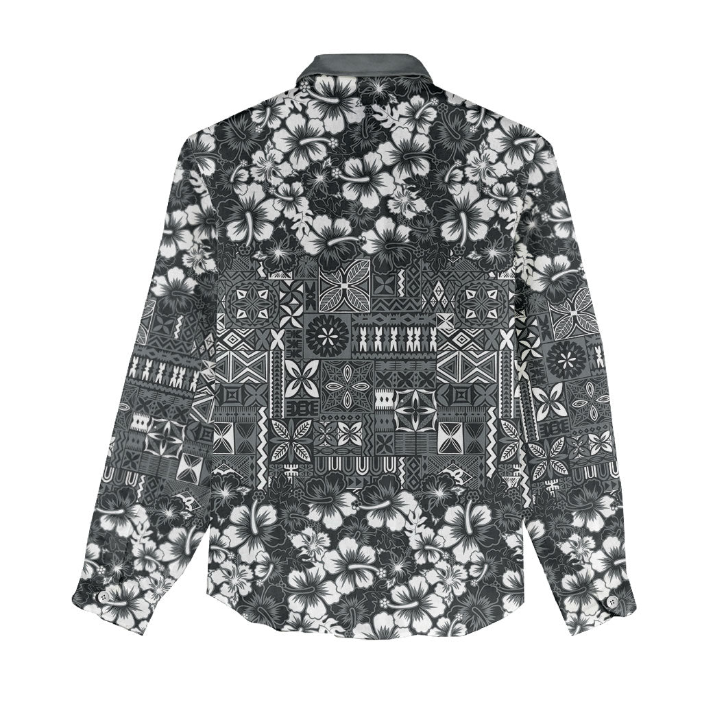 Black Hawaiian Tapa Tribal Hibiscus Women Casual Shirt