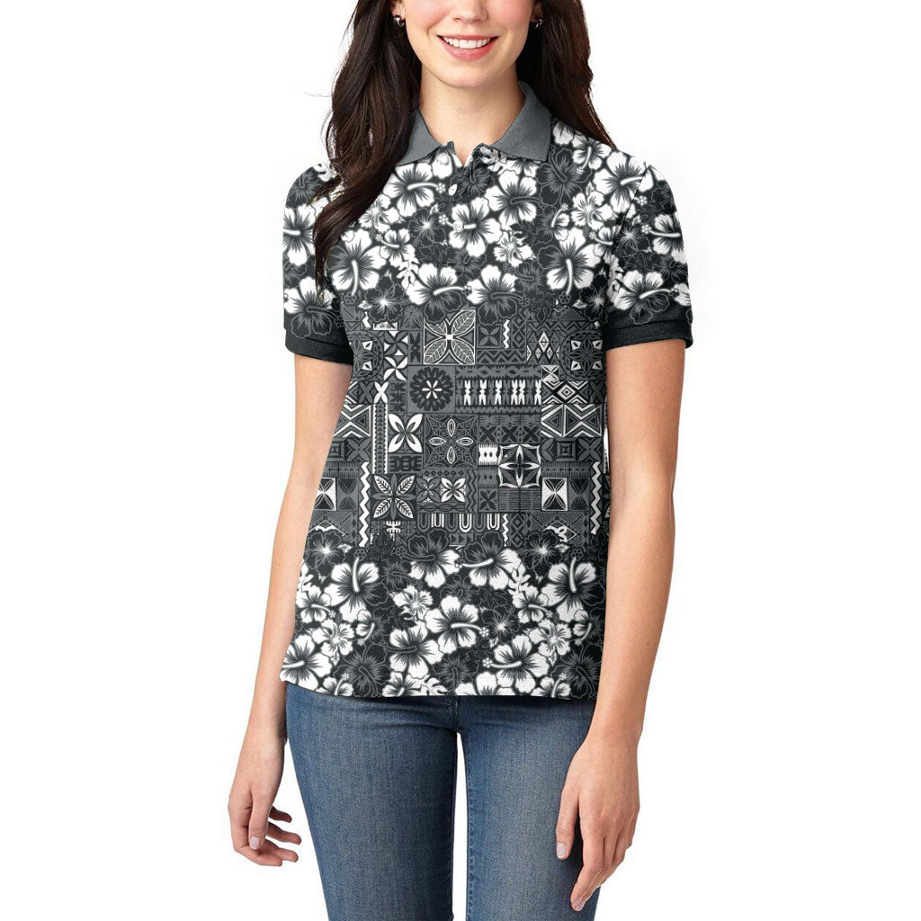 Black Hawaiian Tapa Tribal Hibiscus Women Polo Shirt