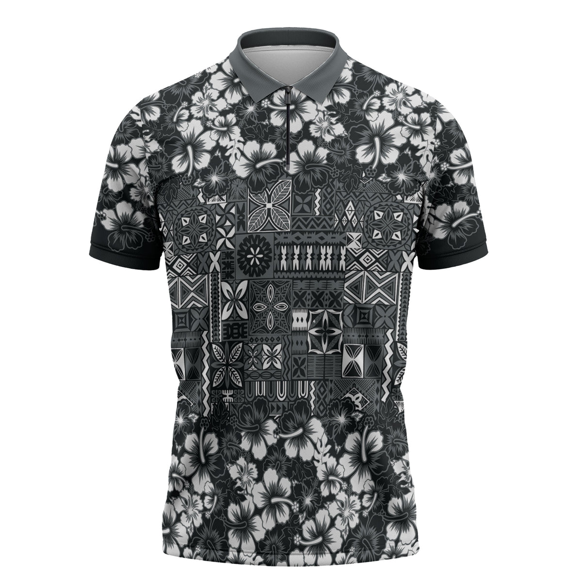 Black Hawaiian Tapa Tribal Hibiscus Zipper Polo Shirt