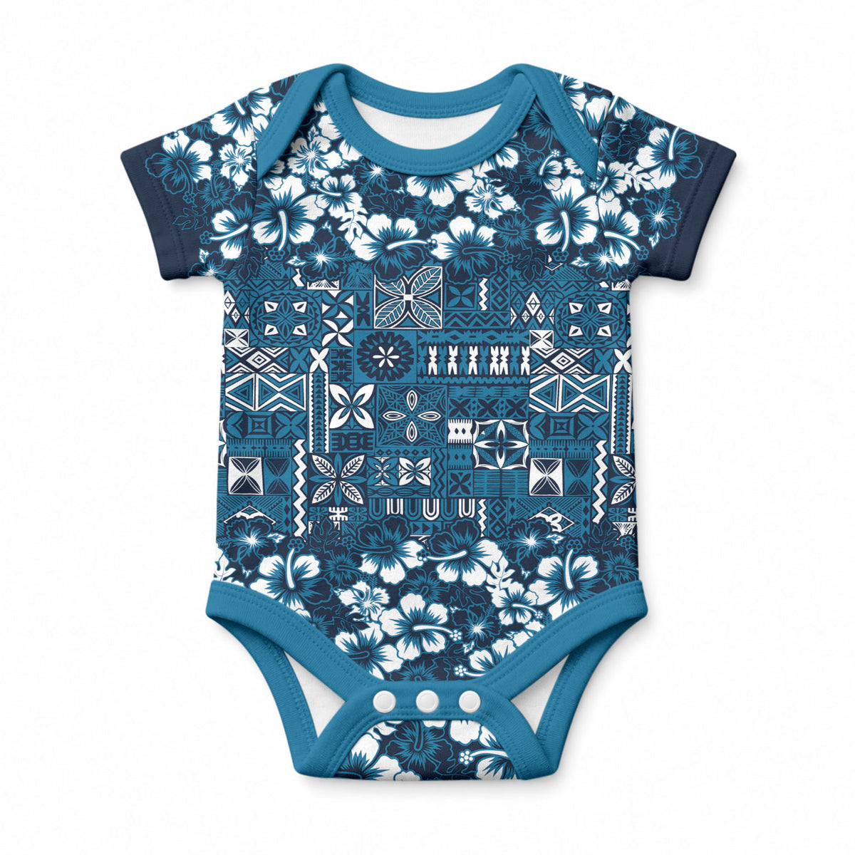 Blue Hawaiian Tapa Tribal Hibiscus Baby Onesie LT9 Blue - Polynesian Pride