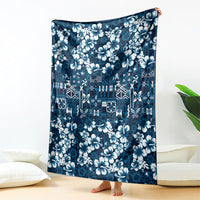 Blue Hawaiian Tapa Tribal Hibiscus Blanket