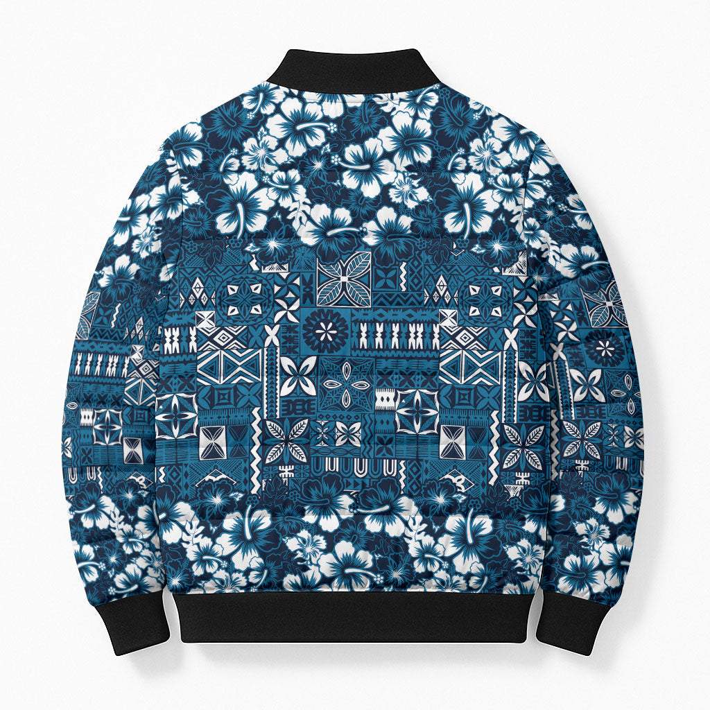 Blue Hawaiian Tapa Tribal Hibiscus Bomber Puffer Jacket
