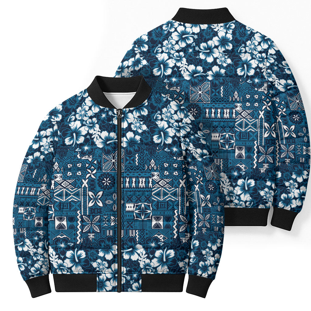 Blue Hawaiian Tapa Tribal Hibiscus Bomber Puffer Jacket