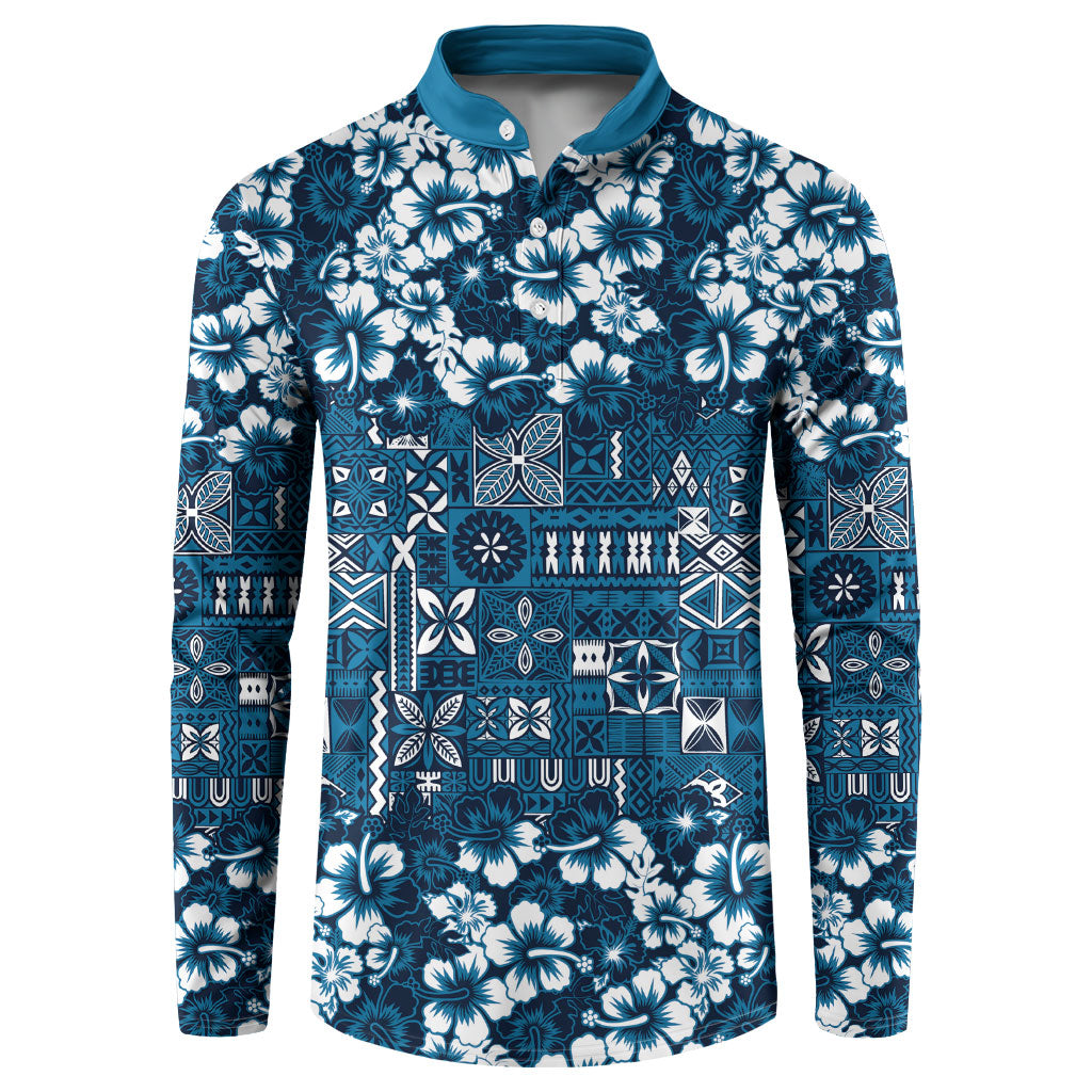 Blue Hawaiian Tapa Tribal Hibiscus Button Sweatshirt LT9 Blue - Polynesian Pride