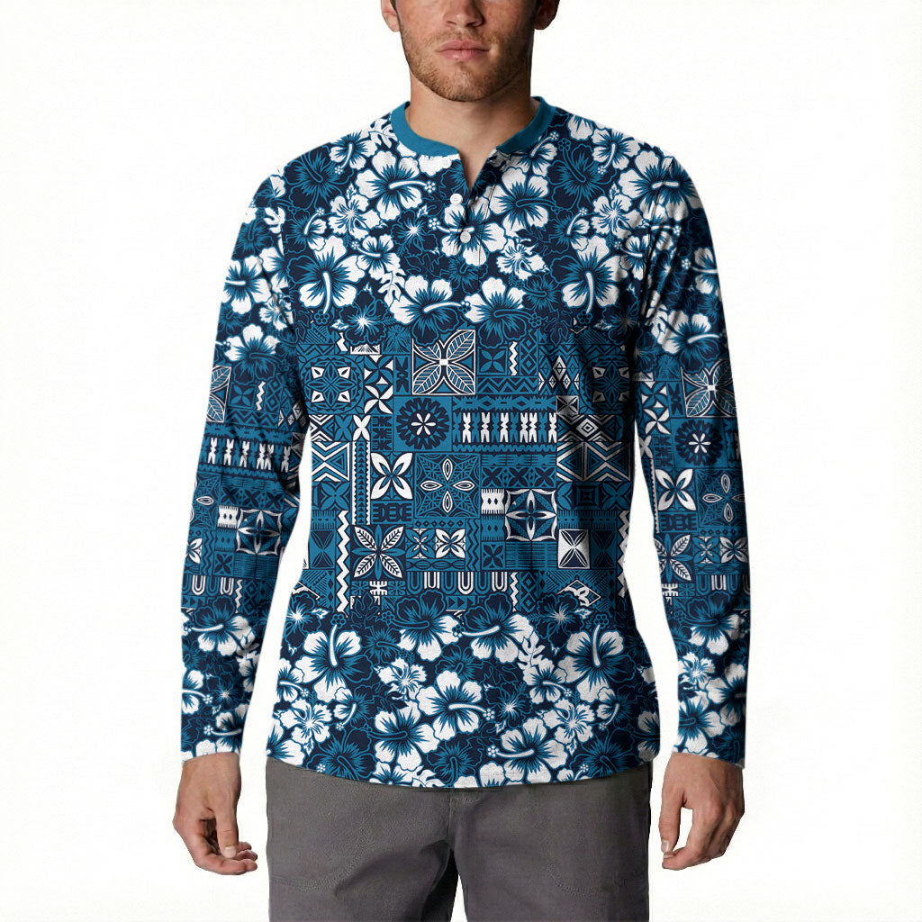 Blue Hawaiian Tapa Tribal Hibiscus Button Sweatshirt