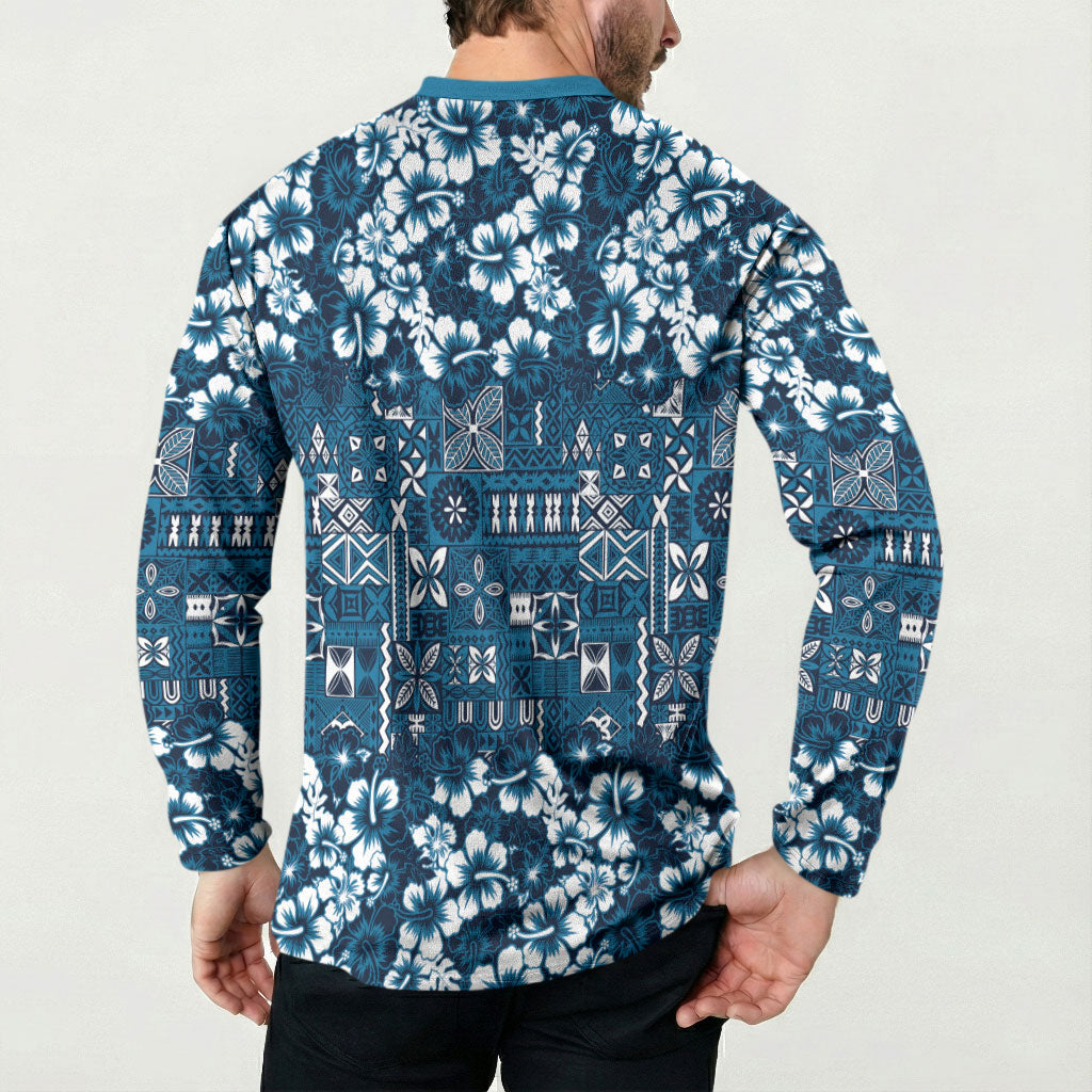 Blue Hawaiian Tapa Tribal Hibiscus Button Sweatshirt