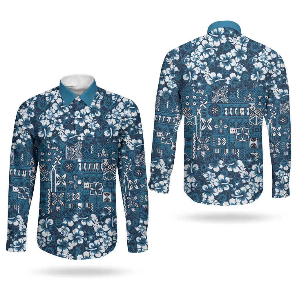 Blue Hawaiian Tapa Tribal Hibiscus Couples Matching Long Sleeve Bodycon Dress and Long Sleeve Button Shirt