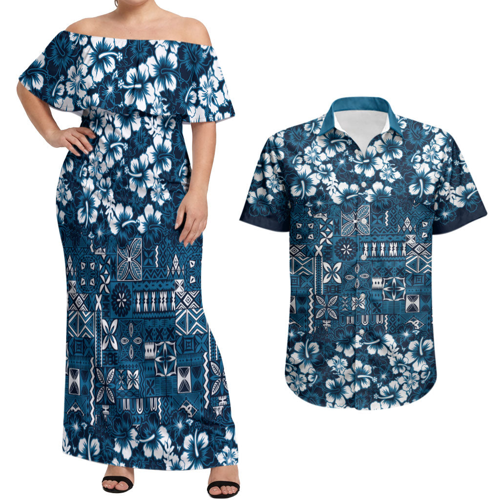 Blue Hawaiian Tapa Tribal Hibiscus Couples Matching Off Shoulder Maxi Dress and Hawaiian Shirt