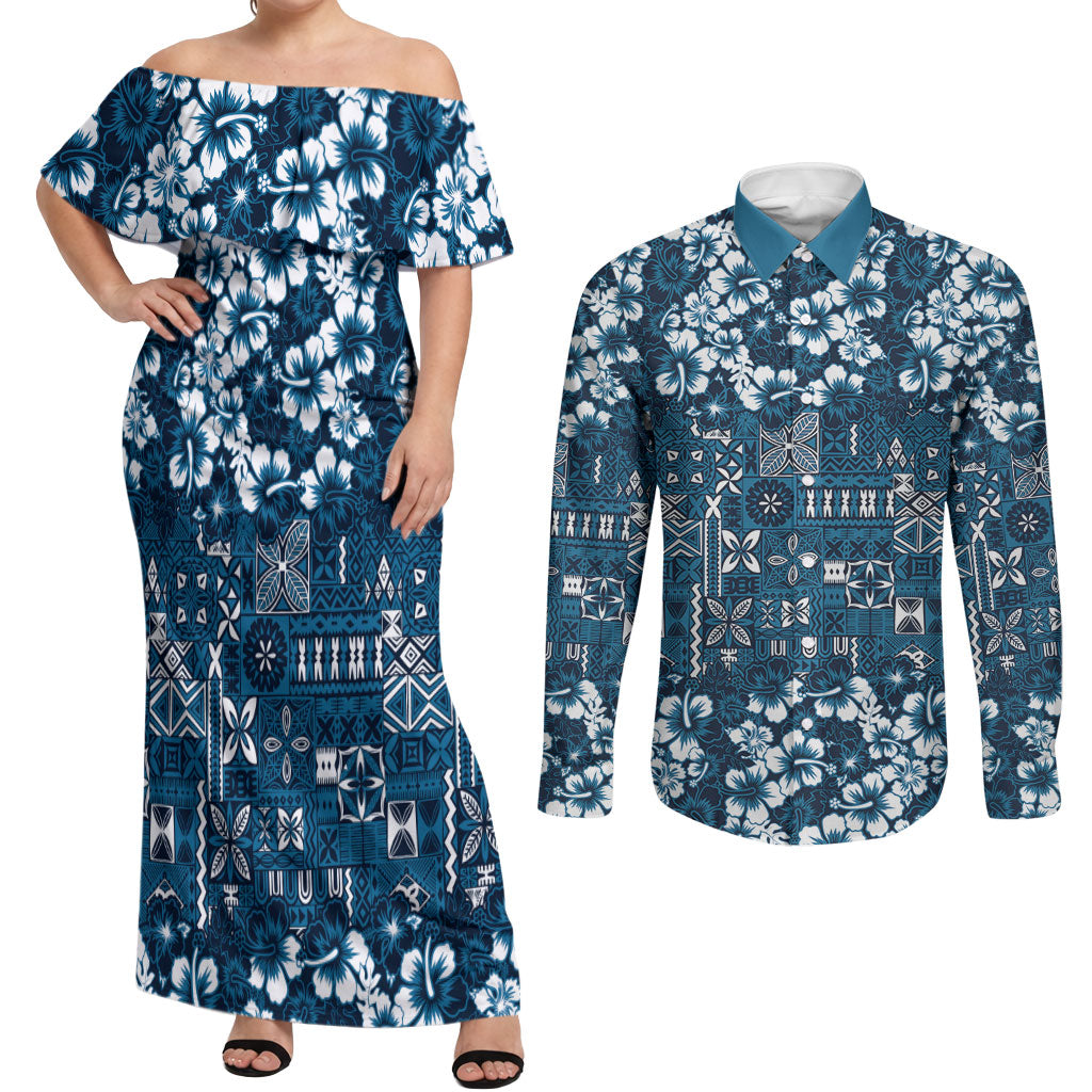 Blue Hawaiian Tapa Tribal Hibiscus Couples Matching Off Shoulder Maxi Dress and Long Sleeve Button Shirt