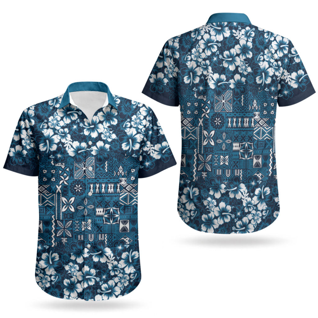 Blue Hawaiian Tapa Tribal Hibiscus Couples Matching Off Shoulder Short Dress and Hawaiian Shirt