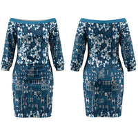 Blue Hawaiian Tapa Tribal Hibiscus Couples Matching Off The Shoulder Long Sleeve Dress and Long Sleeve Button Shirt