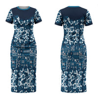 Blue Hawaiian Tapa Tribal Hibiscus Couples Matching Short Sleeve Bodycon Dress and Long Sleeve Button Shirt