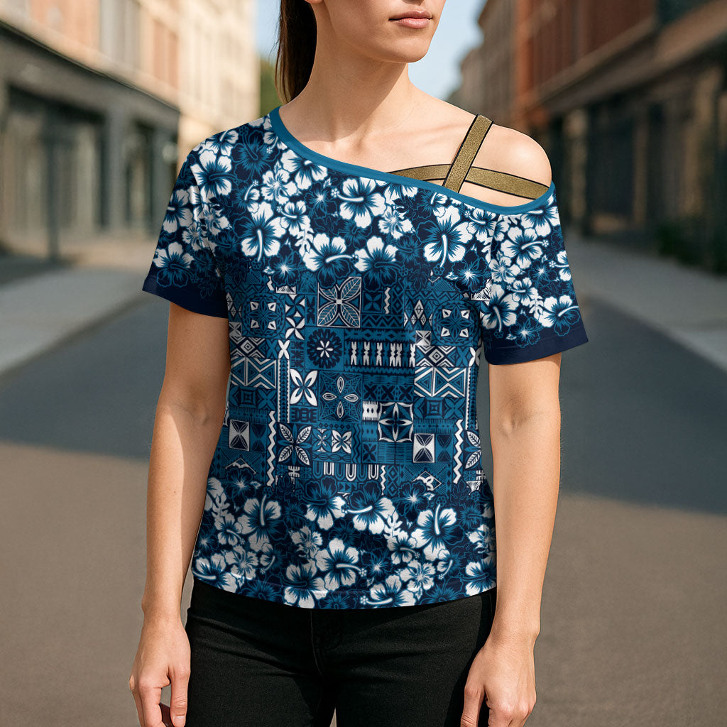 Blue Hawaiian Tapa Tribal Hibiscus Cross Shoulder Shirt