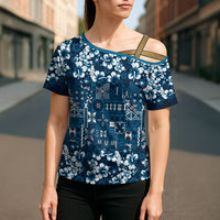 Blue Hawaiian Tapa Tribal Hibiscus Cross Shoulder Shirt