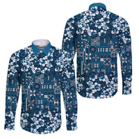 Blue Hawaiian Tapa Tribal Hibiscus Family Matching Mermaid Dress and Hawaiian Shirt