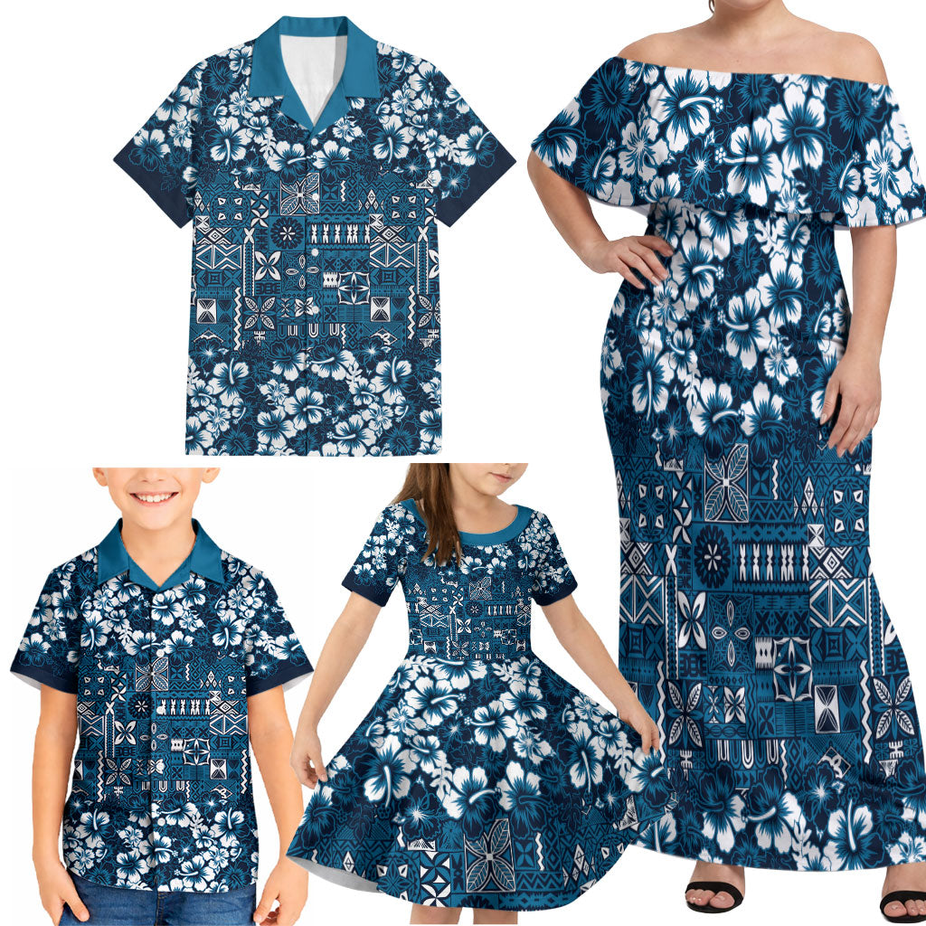 Blue Hawaiian Tapa Tribal Hibiscus Family Matching Off Shoulder Maxi Dress and Hawaiian Shirt LT9 - Polynesian Pride
